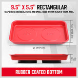 Four-piece Magnetic Parts Holder Set featuring a wristband and three trays in different sizes and shapes. Includes one mini rectangular tray, one large round bowl, and one large rectangular tray, all made of solid stainless steel with strong magnets for secure tool holding