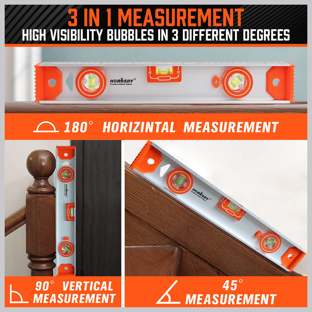 HORUSDY 40CM Red Torpedo Spirit Level with 3 Bubbles for Plumb, Level, and 45-Degree Angles, Magnetic and Shockproof