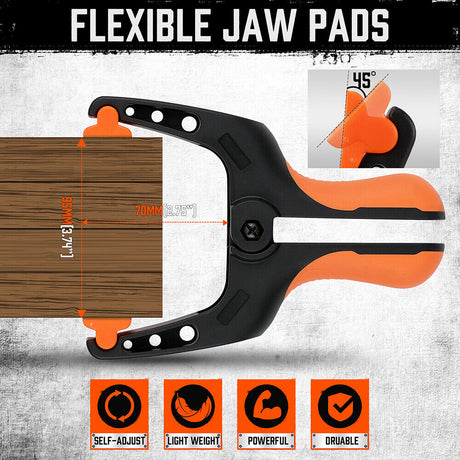 Pack of 4 HORUSDY 7-inch black nylon spring clamps with orange non-slip TPR handles and reinforced glass fiber construction for secure clamping.