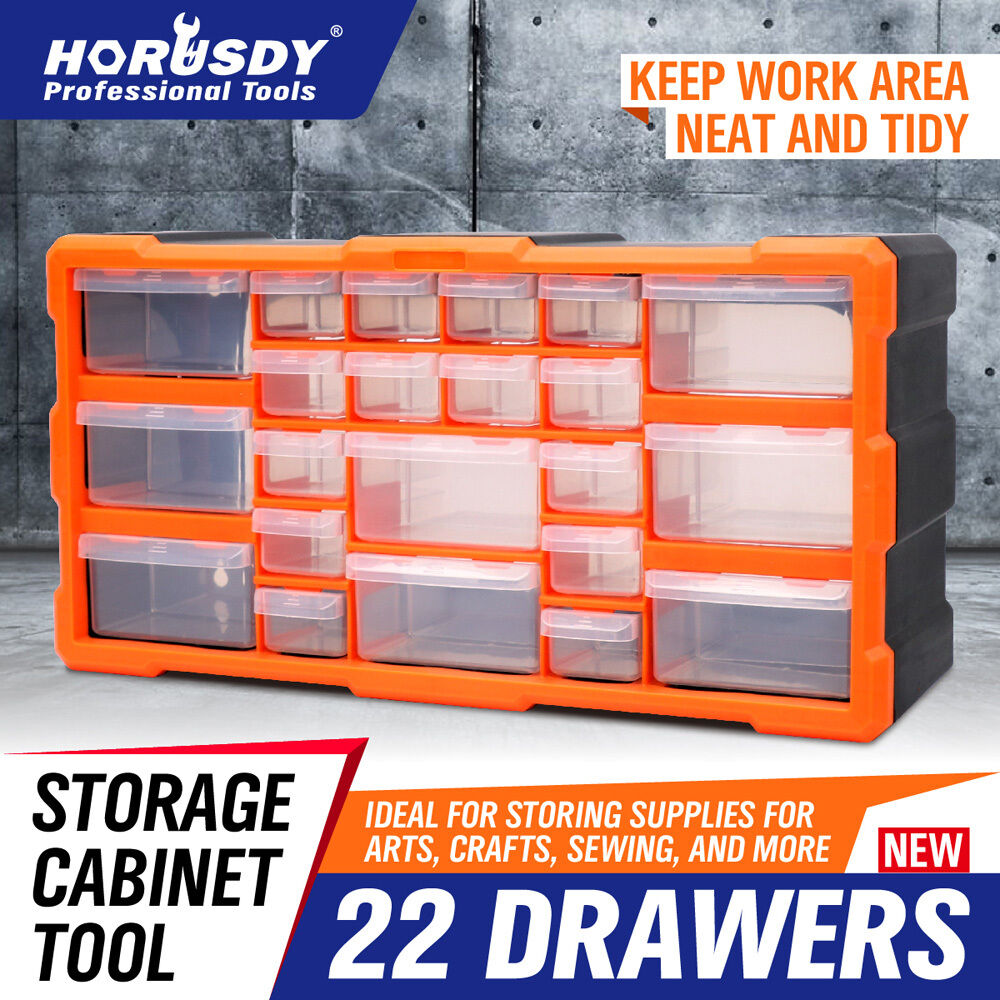 Durable 22-drawer plastic storage cabinet with versatile organization options for tools and supplies.