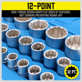 Close-up of 12-Point Socket Sizes and Durable Chrome Vanadium Steel Construction