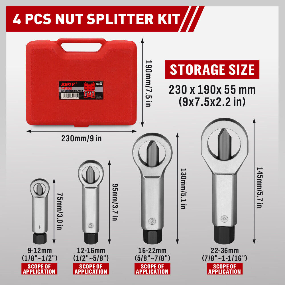 SEDY 4-Piece Heavy-Duty Metal Nut Splitter Kit for Removing Corroded and Damaged Nuts, Made of 40CR Steel