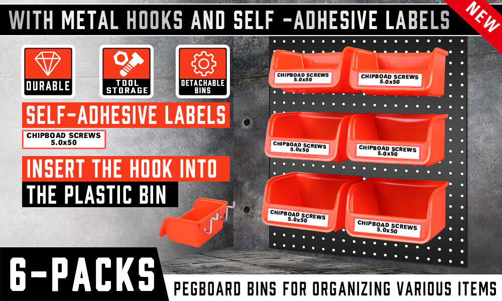 6Pc Pegboard Bins Set with Durable Steel Hooks - Ideal for Organizing Small Tools, Screws, and Hardware on Pegboards