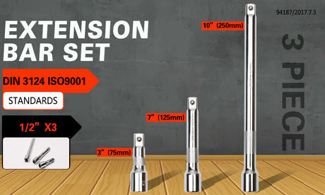 Robust 3-Piece Extension Bar Set with spring-loaded ball detent, knurled grip, and SmartKrome plating for 1/2" drive.