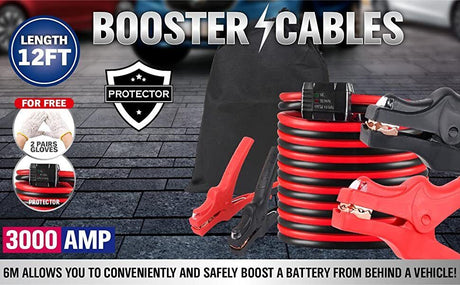 Heavy Duty 12FT 3000AMP Jumper Leads with Insulated Clamps and Reverse Polarity Alert for Safe Battery Boosting