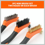 Durable 3-piece wire brush set with brass, stainless steel, and nylon brushes, each 170mm long, perfect for cleaning and polishing various surfaces.