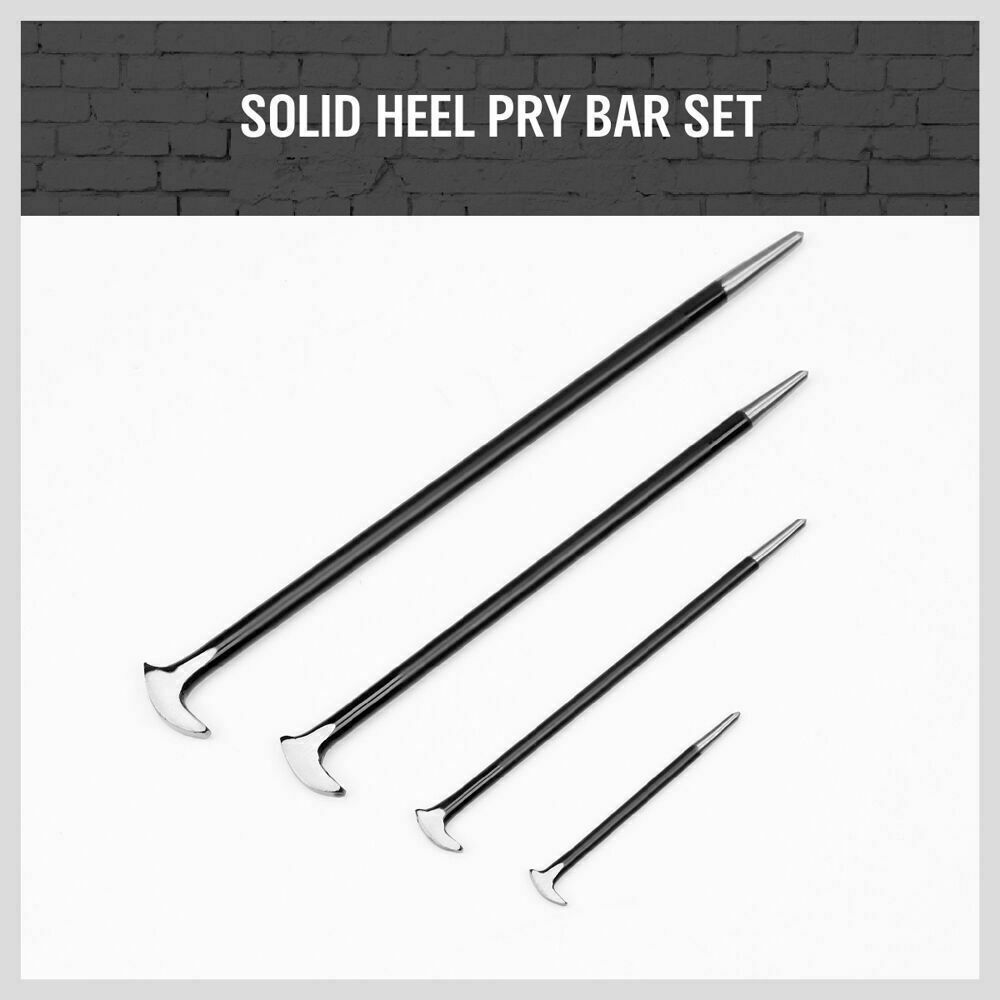 Set of four heavy-duty pry bars in various sizes, crafted from drop-forged hardened steel with a durable baked enamel finish. Each bar features a slim tapered end with a fine point tip for aligning parts and a rolling head hook end for enhanced leverage