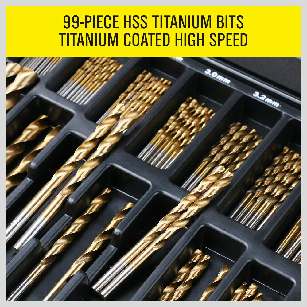 Comprehensive 99-Piece HSS Titanium Coated Drill Set - Precision Drills for Wood, Plastic, Metal, Sizes 1.5-10mm, Comes with Case