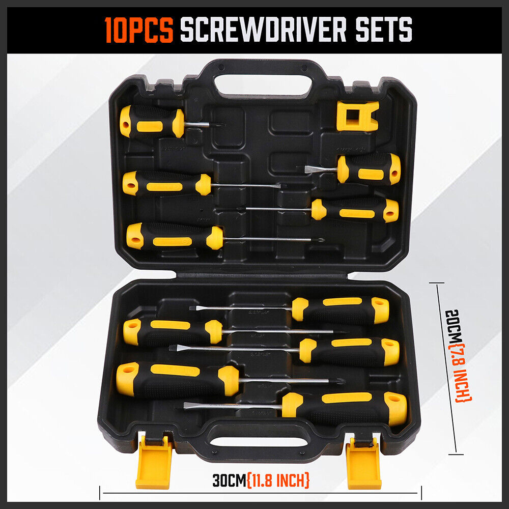 10-Piece Magnetic Screwdriver Set with Ergonomic Non-Slip Handles, Phillips and Flat Heads, Including Degausser and Storage Case