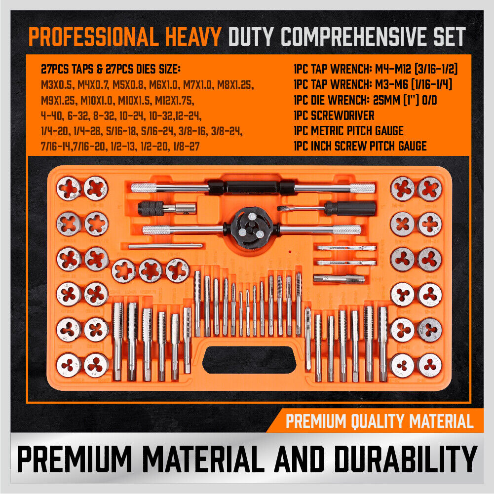 Complete 60-Piece Tap and Die Set - Features Metric and Imperial Sizes, Thread Pitch Gauges, and Screwdriver in a Carry Case