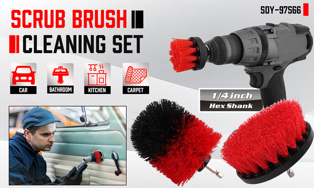 Set of 3 drill brush attachments for car cleaning, featuring different sizes for efficient cleaning of car interiors and wheel hubs.