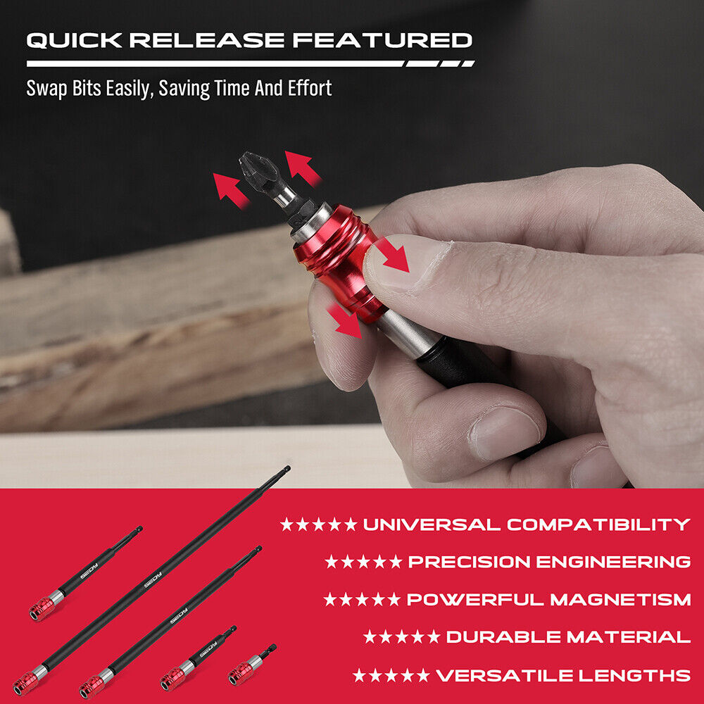 Set of 5 SEDY magnetic drill bit extensions in various lengths, with 1/4" hex shank, red quick release, and strong magnetism for secure bit hold.