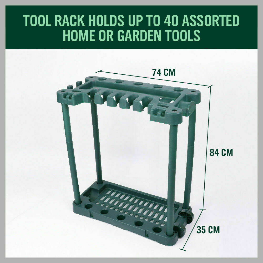 Rolling Garden Tools Storage Rack with Long and Short Handle Holders