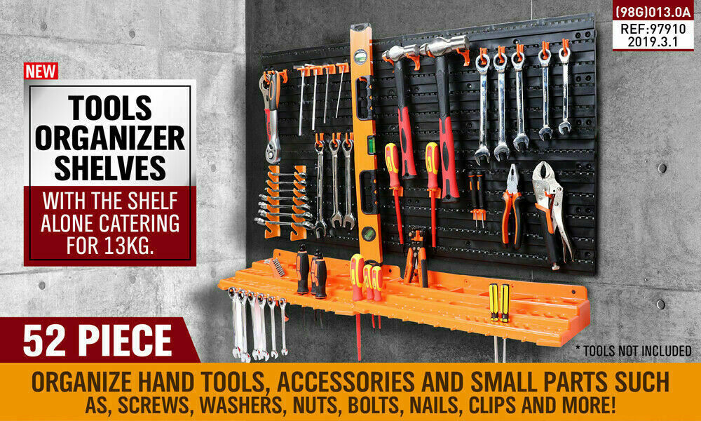 Complete 52-Piece Wall Mounted Tool Storage Rack Kit - Includes Boards, Shelves, Spanner Holders, and Hooks for Organizing Tools