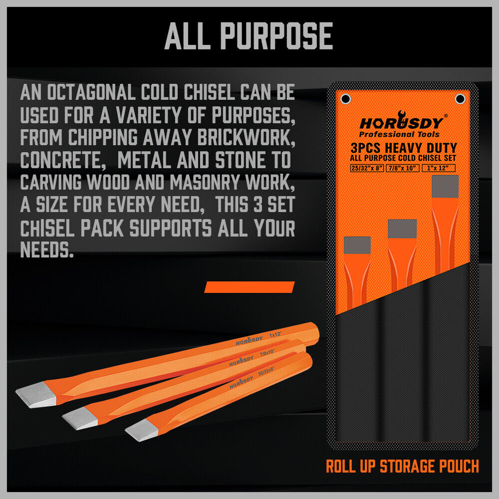 HORUSDY 3-Piece Extra Long Cold Chisel Set, Rust-Resistant Black Oxide Finish, Sizes 25/32"x 8", 7/8"x 10", 1" x 12", Ideal for Shaping Cold Metal, Masonry, and Concrete