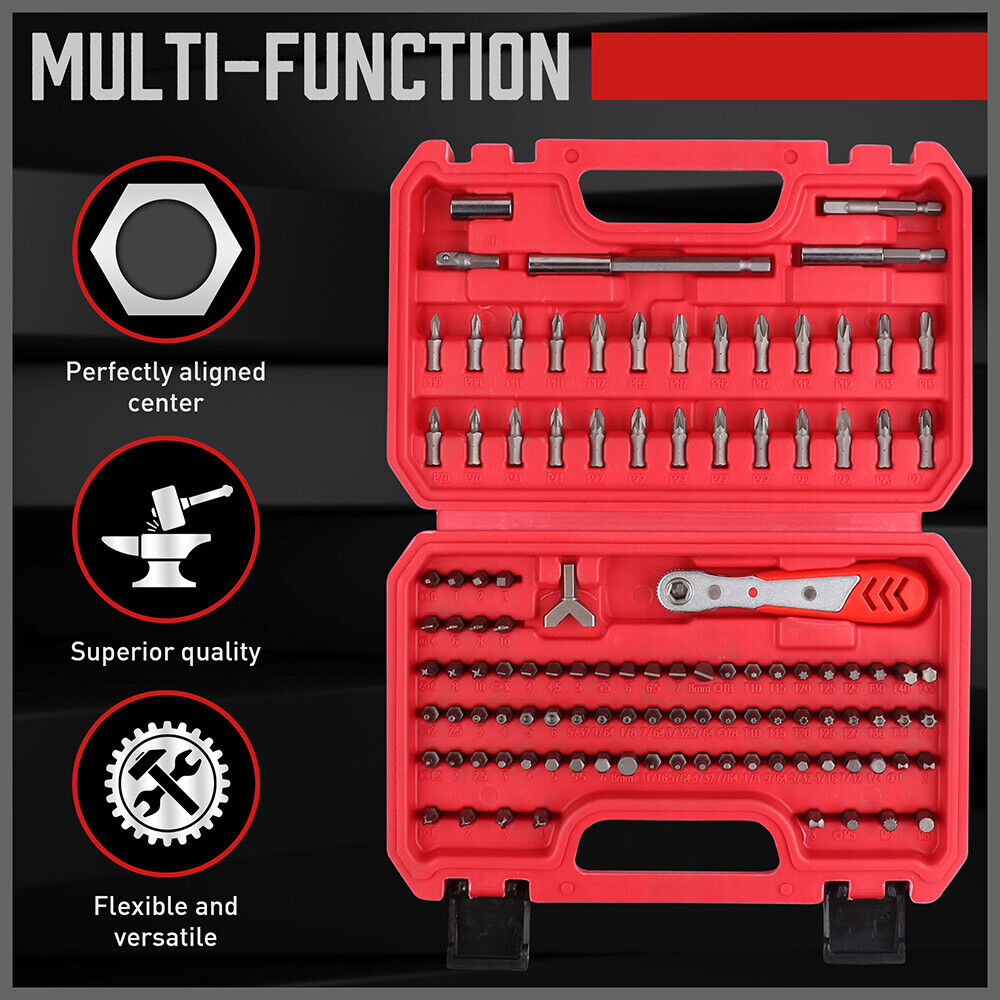 112PC Security Bit Set - Durable CRV steel, versatile set, ratcheting wrench, comprehensive bit types, convenient storage.