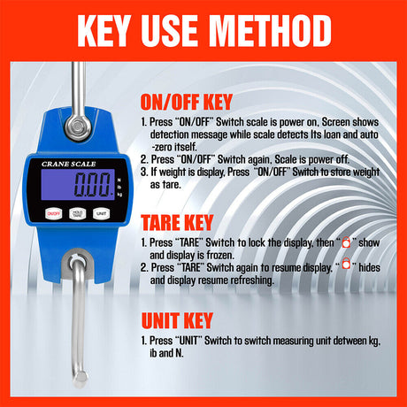 Compact and robust Mini Portable Crane Scale with a capacity of 300kg and precision of 0.1kg. Features a 55mm large LCD display, stainless steel load receptor, and aluminum casing. Versatile with multiple weighing modes and equipped with tare, manual/auto hold, and auto power off functions.