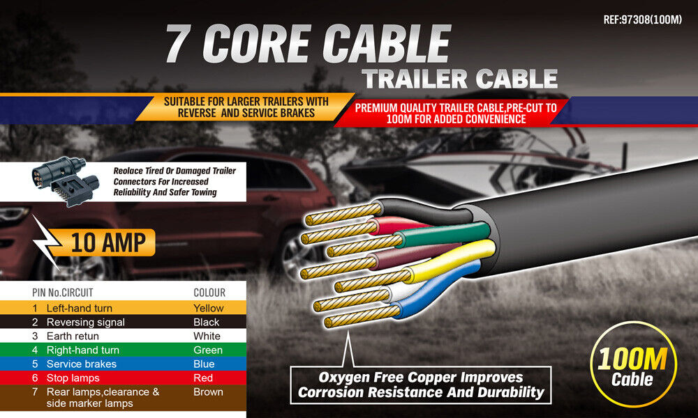 Heavy-Duty 100M x 7 Core Trailer Wire Cable in Black V90 PVC for Automotive and Marine Applications