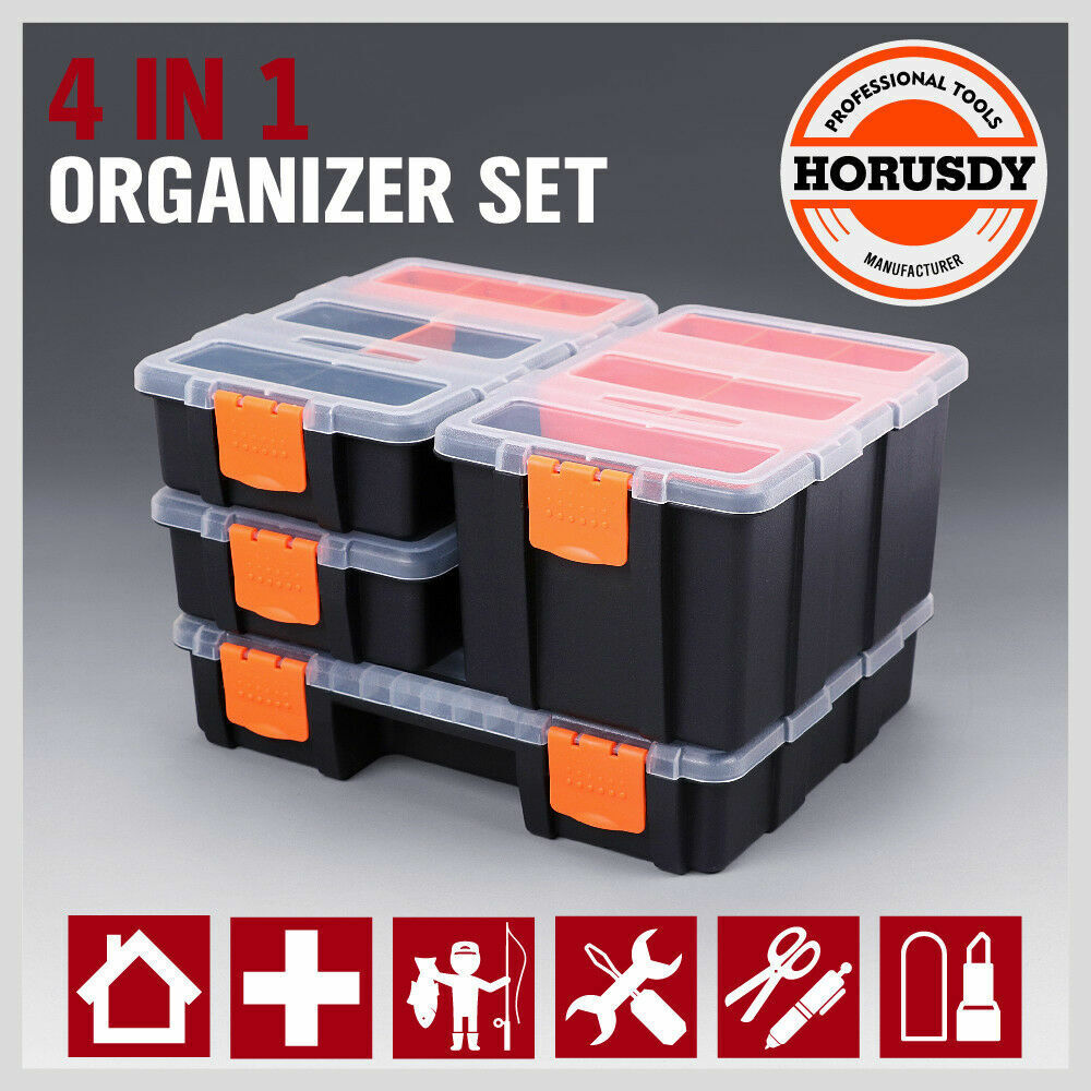 Versatile 4-piece tool box organizer set with removable trays, crafted from durable, high-impact polystyrene, ideal for neatly storing screws, nuts, bolts, arts and crafts materials.