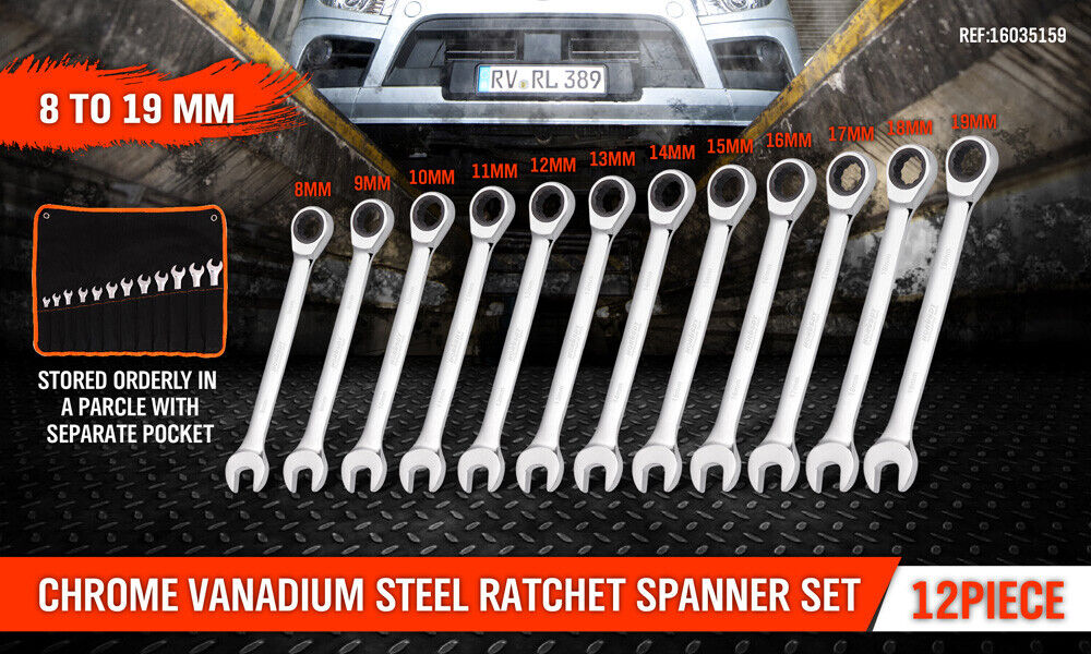 Complete 12-Piece Metric Ratchet Spanner Set in Sizes 8-19mm Made of Chrome Vanadium Steel, Including a Convenient Rolling Bag