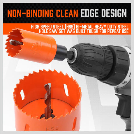 16-piece bi-metal hole saw set for precise cutting on metal, wood, gypsum, PVC, and plastic, with various sizes and durable construction