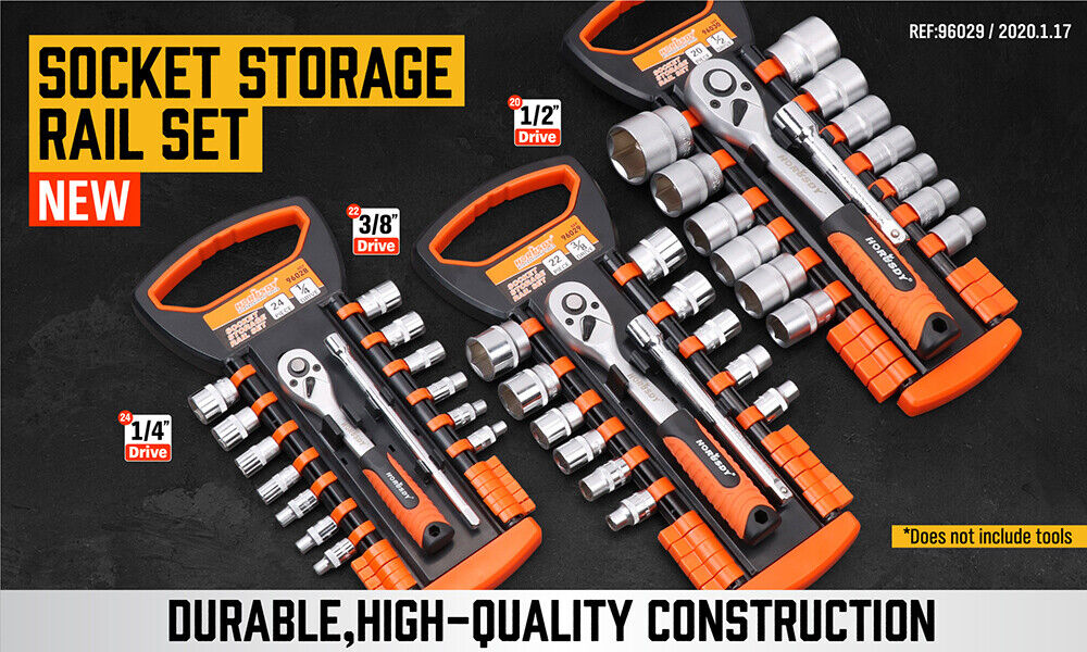 Efficient 3-piece socket organizer rail set for 1/4", 3/8", 1/2" drives with multiple socket clips.