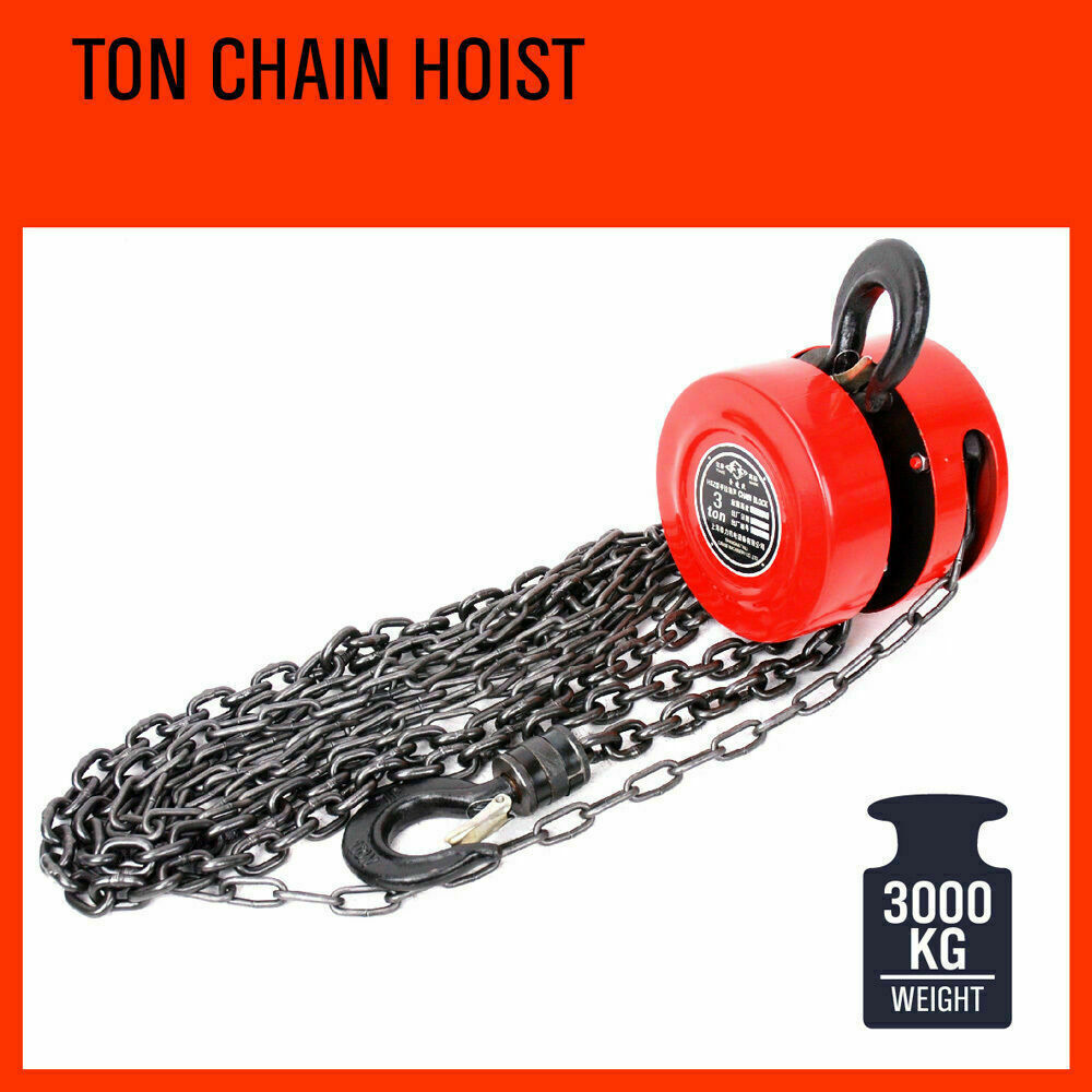 Heavy-duty 3 Ton block and tackle chain hoist with a 2.5-meter lift and swivel hooks.