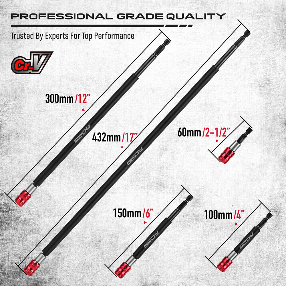 Set of 5 SEDY magnetic drill bit extensions in various lengths, with 1/4" hex shank, red quick release, and strong magnetism for secure bit hold.