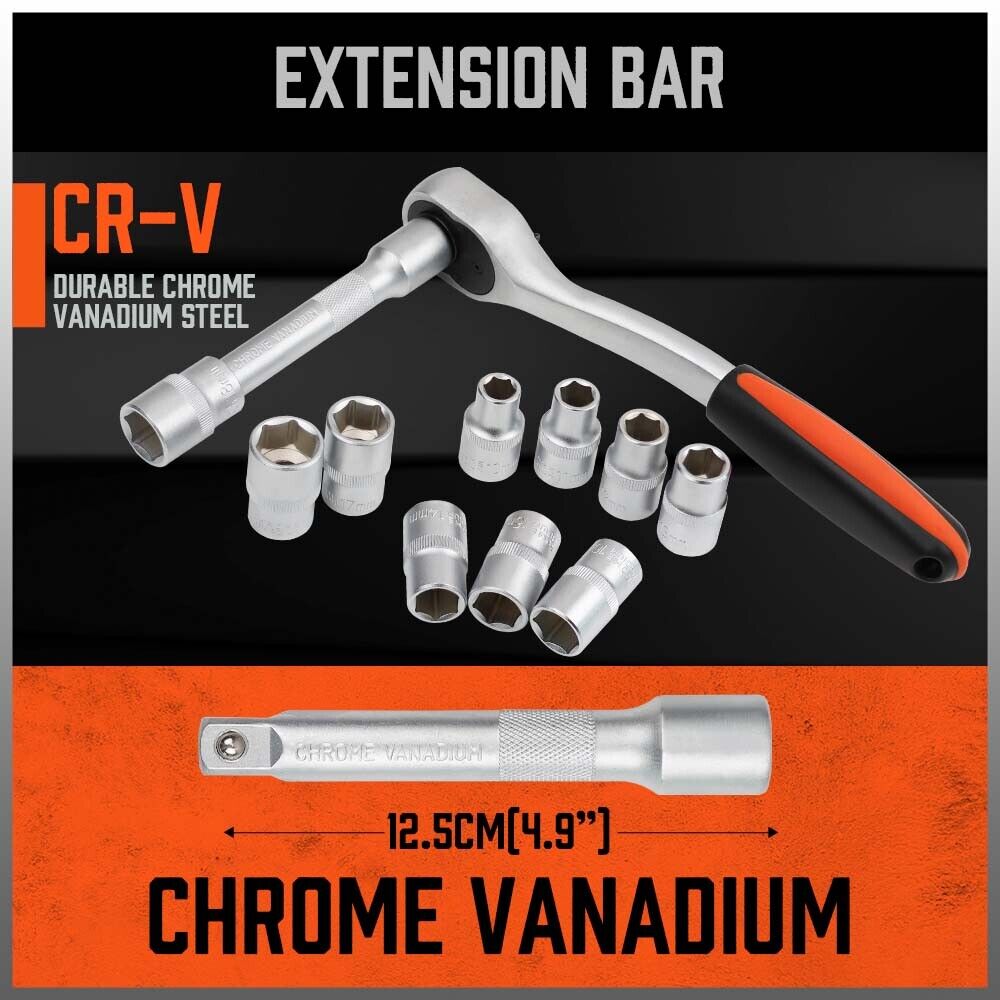 HORUSDY 12-Piece Ratchet Socket Wrench Set, Chrome-Plated Metric Sockets, and Extension Bar, with Convenient Storage Rack