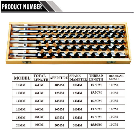 460mm Long 6Pc Auger Wood Drill Bits Set - 10-20mm Hex Shank, Includes Wooden Storage Box