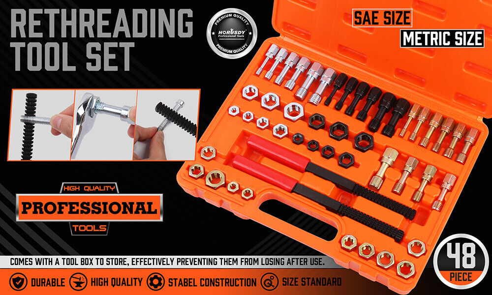 Comprehensive 48-Piece SAE and Metric Thread Restorer Kit with various taps, dies, files, and rethreading tools for fractional metric thread repair, neatly packed in a blow mold case.