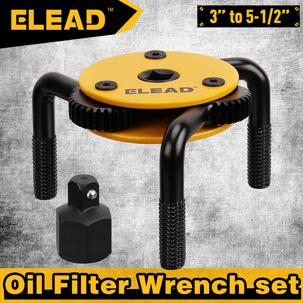 Adjustable ELEAD oil filter wrench set, compatible from 3 to 5-1/2 inches, with heat-treated black grip for high torque applications.