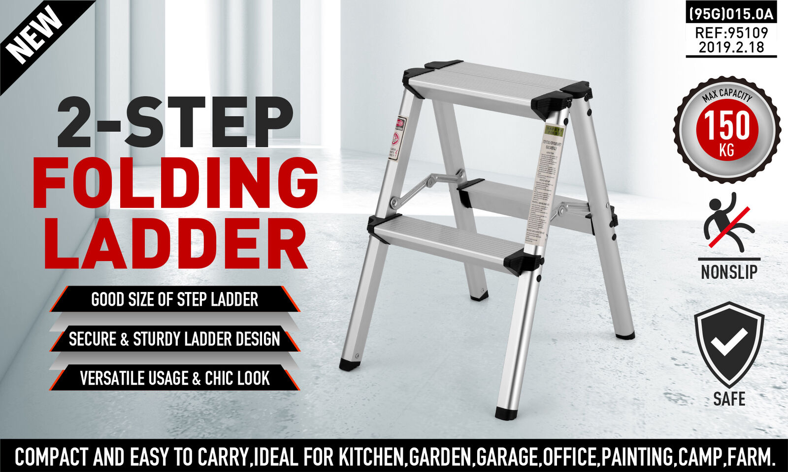 Portable 2-Step Folding Ladder - Lightweight Aluminum Frame, Anti-Slip Safety, 150kg Capacity - Ideal for Home and Work