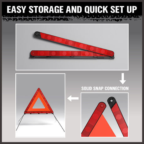 Set of 3 high-quality, durable emergency warning triangles with fluorescent orange frames and red acrylic reflectors, ideal for roadside safety.