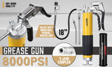 Durable 18-inch grease gun with a pistol grip, flexible hose, and an 8000 PSI pressure capacity, including a 14 oz grease cartridge and nozzles