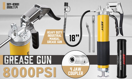 Durable 18-inch grease gun with a pistol grip, flexible hose, and an 8000 PSI pressure capacity, including a 14 oz grease cartridge and nozzles
