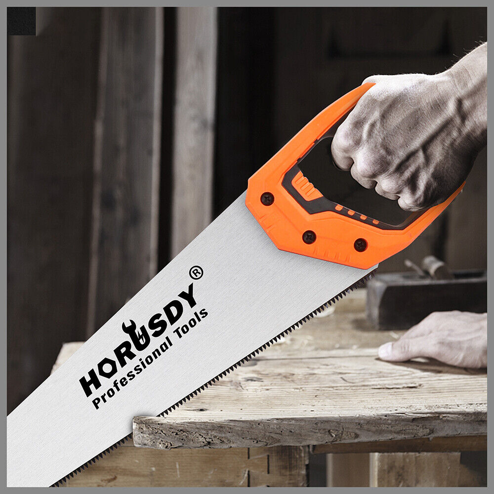 16-inch robust hand saw with triple-ground and induction-hardened teeth, designed for efficient cutting of wood, plastic, and PVC, measuring 505mm in length with an ergonomic handle