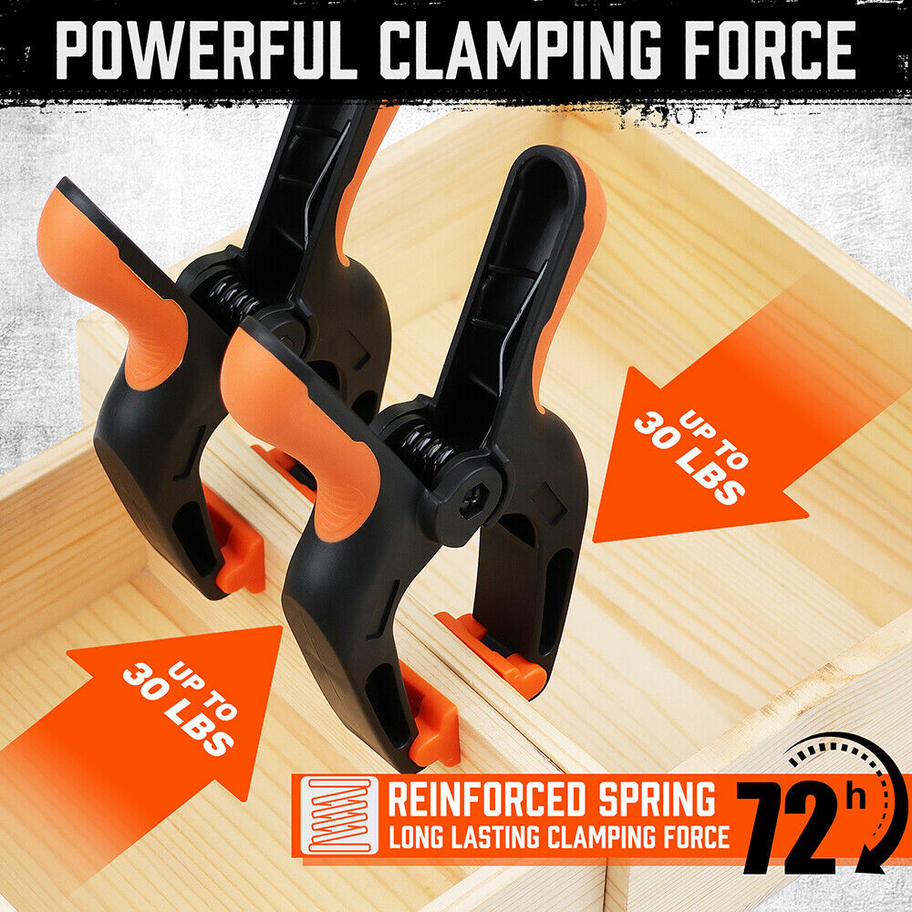 Pack of 4 HORUSDY 7-inch black nylon spring clamps with orange non-slip TPR handles and reinforced glass fiber construction for secure clamping.