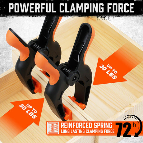 Pack of 4 HORUSDY 7-inch black nylon spring clamps with orange non-slip TPR handles and reinforced glass fiber construction for secure clamping.