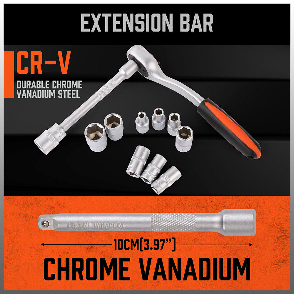 HORUSDY 12-Piece Ratchet Socket Wrench Set, Chrome-Plated Metric Sockets, and Extension Bar, with Organizing Rack