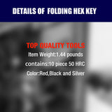 10-piece metric folding hex key set in a pocket-sized aluminum holder. Hardened chrome vanadium steel keys range from H1.5 to H6. For professionals and DIYers.