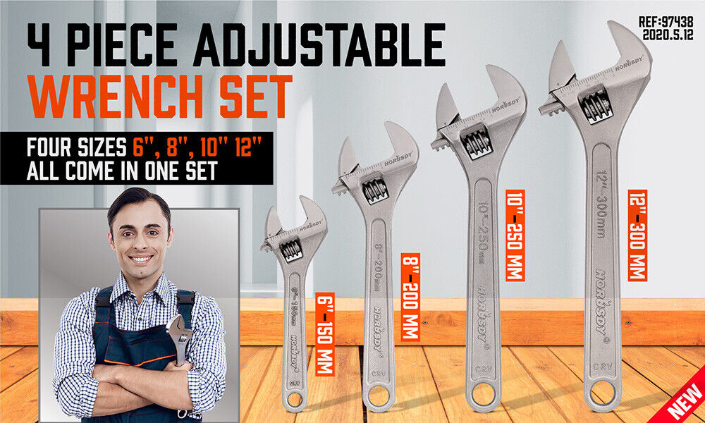 Four-piece set of adjustable wrenches in sizes 6", 8", 10", and 12" featuring heavy-duty construction and wide open jaws for versatile use