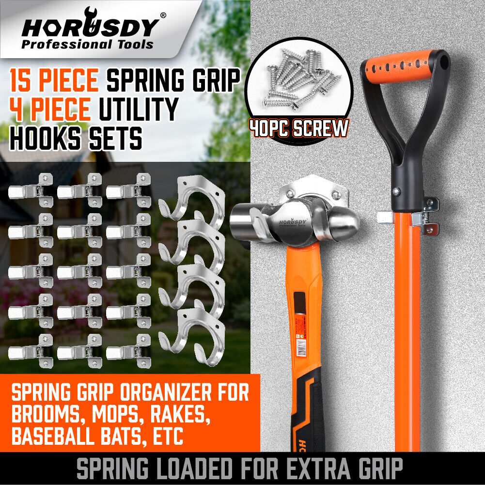 HORUSDY 19-Piece Garden Tool Holder Set featuring 15 Spring Grips and 4 U-Utility Hooks with Mounting Screws for Secure and Organized Tool Storage in Garages and Sheds