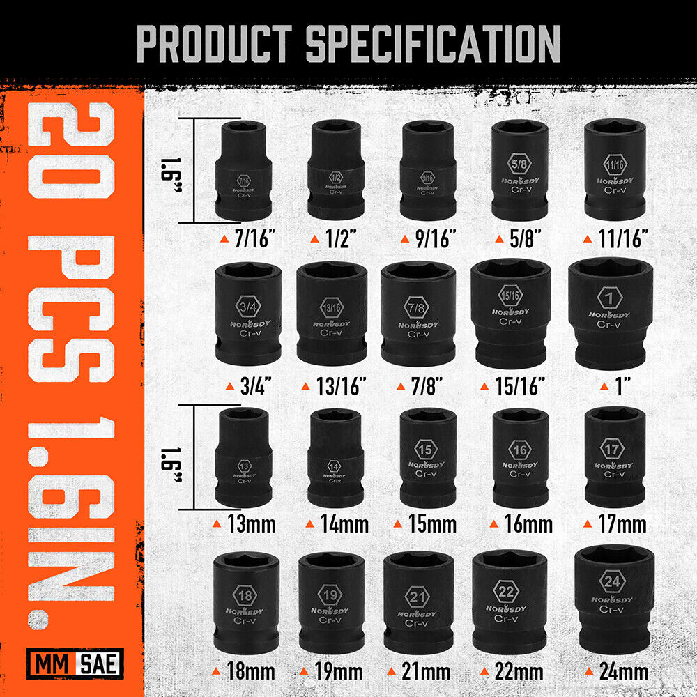 HORUSDY 24-Piece 1/2" Drive Impact Socket Set, Including SAE and Metric Sizes with Ratchet Handle and Extension Bar, Ideal for Diverse Applications