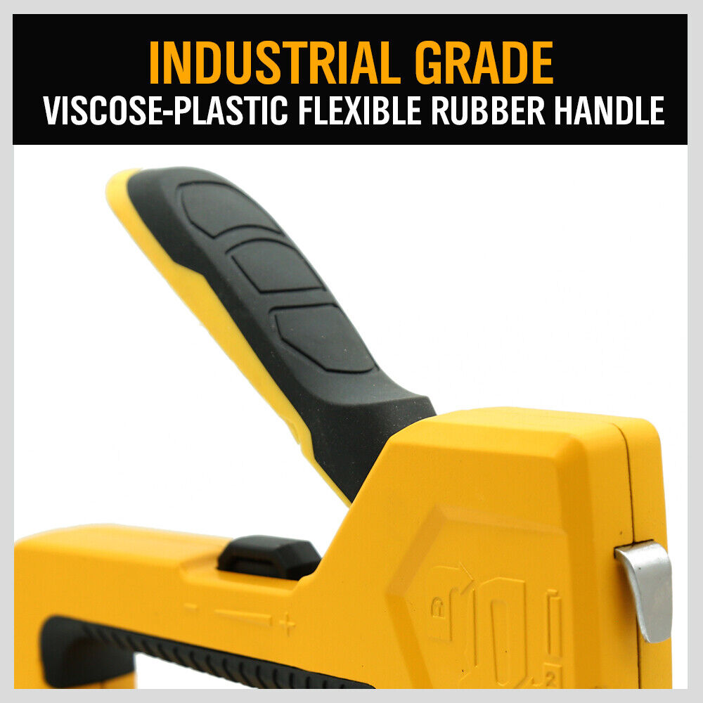 Durable carbon steel manual staple and brad nail gun with a yellow coating and easy-to-reload mechanism.