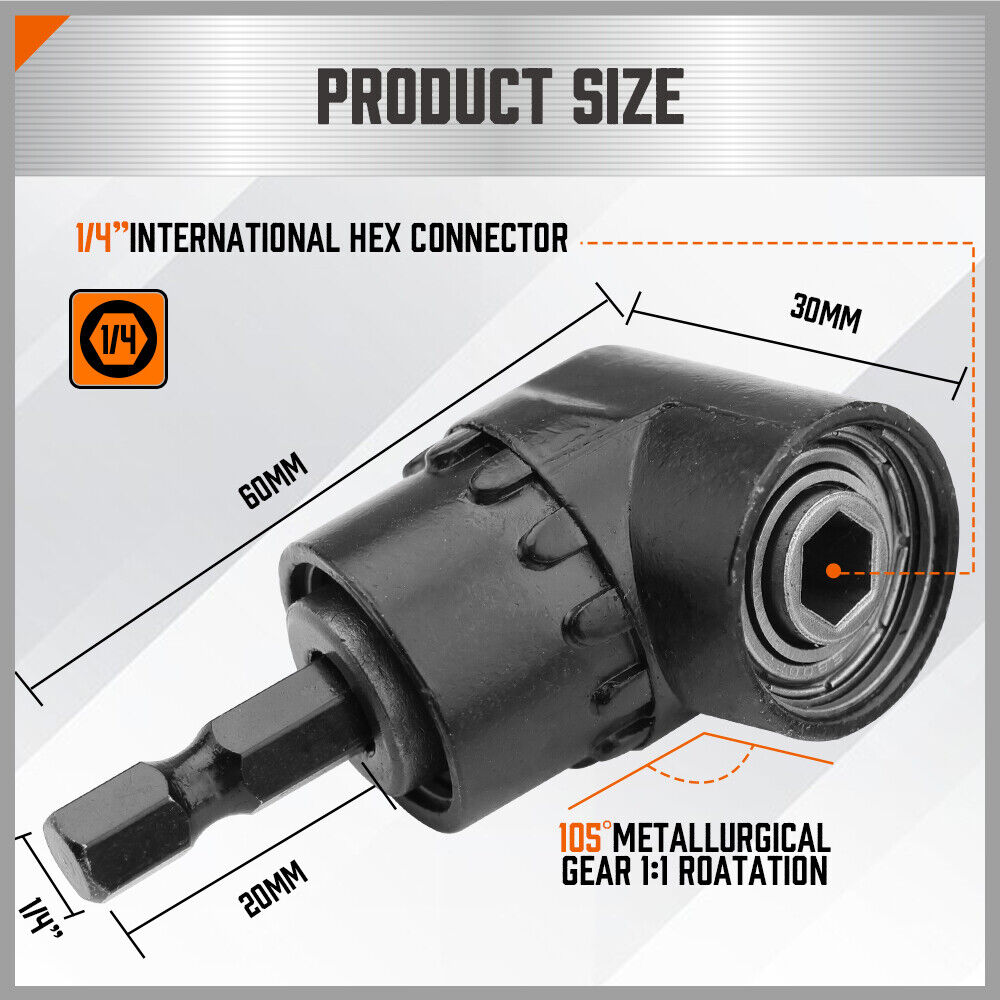 HORUSDY Alloy Steel 105-Degree Right Angle Drill Adapter, Silver, 32x55mm, Compatible with 1/4" Hex Drill Bits, for Power Screwdrivers and Drills