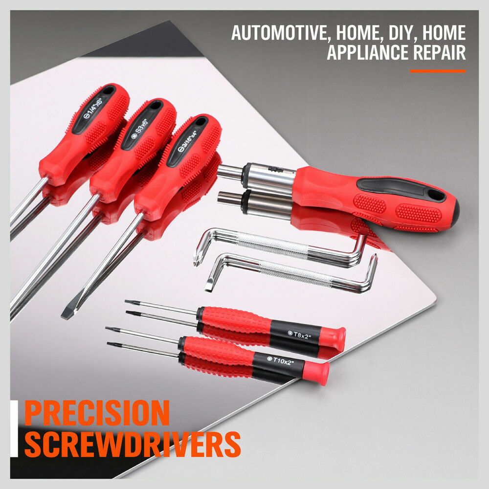 Versatile 100pc Screwdriver Set with Multiple Bits Including Slot, Pozi, Hex, Star, and Square in a Red and Black Rack