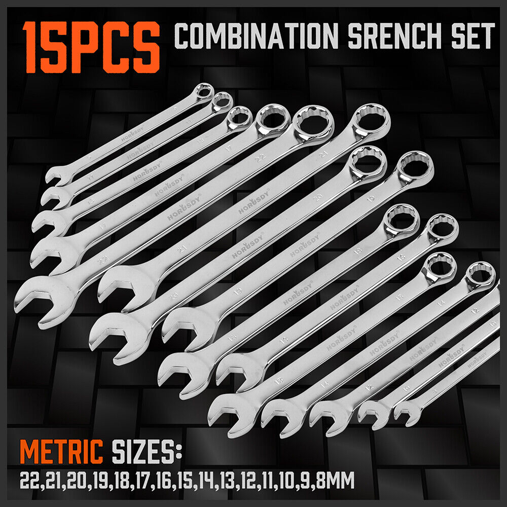 HORUSDY 15-Piece Metric Combination Spanner Set, CRV Silver, Chrome Vanadium Steel, Heat Treated, Nickel Chrome Plated, Sizes 8-22mm