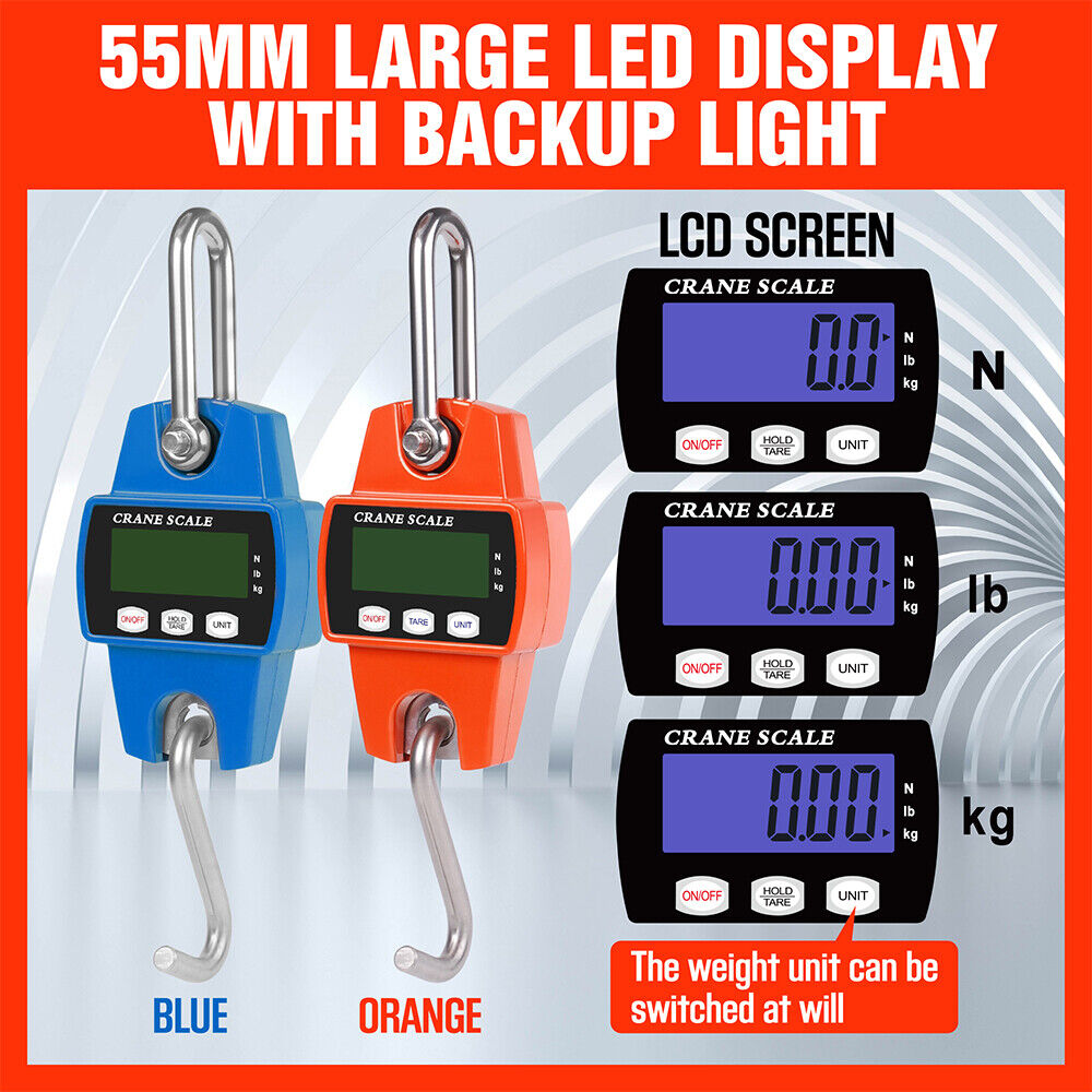 Compact and robust Mini Portable Crane Scale with a capacity of 300kg and precision of 0.1kg. Features a 55mm large LCD display, stainless steel load receptor, and aluminum casing. Versatile with multiple weighing modes and equipped with tare, manual/auto hold, and auto power off functions.