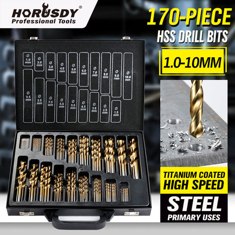 HORUSDY 170pcs Drill Bit Set, High-Speed Steel, Titanium Coated, Sizes 1-10mm, for Wood and Metal Drilling